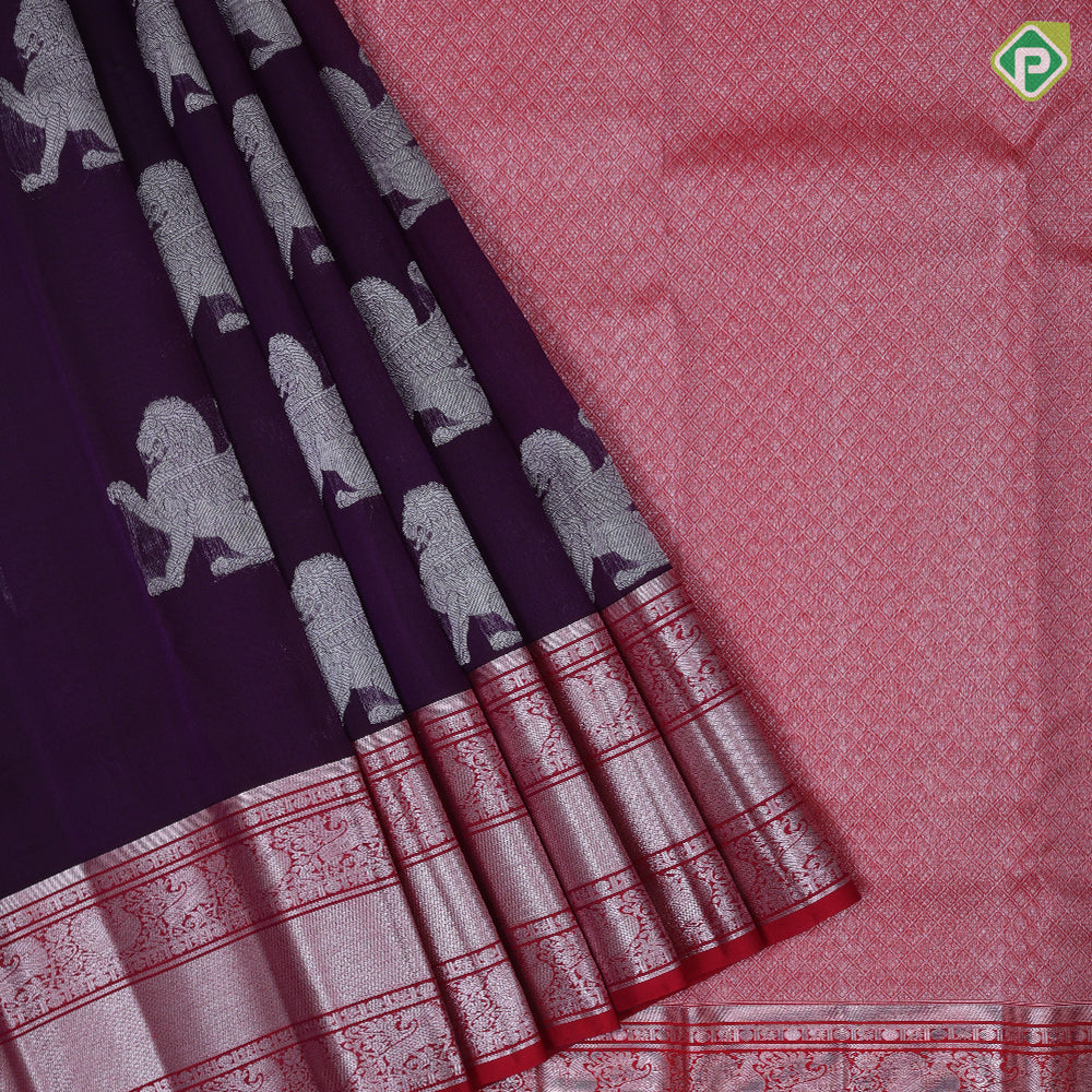 Dark purple silver zari flying shimma yaali butta red silver zari three lines border butta organza silk saree