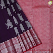 Dark purple silver zari flying shimma yaali butta red silver zari three lines border butta organza silk saree