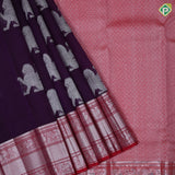 Dark purple silver zari flying shimma yaali butta red silver zari three lines border butta organza silk saree