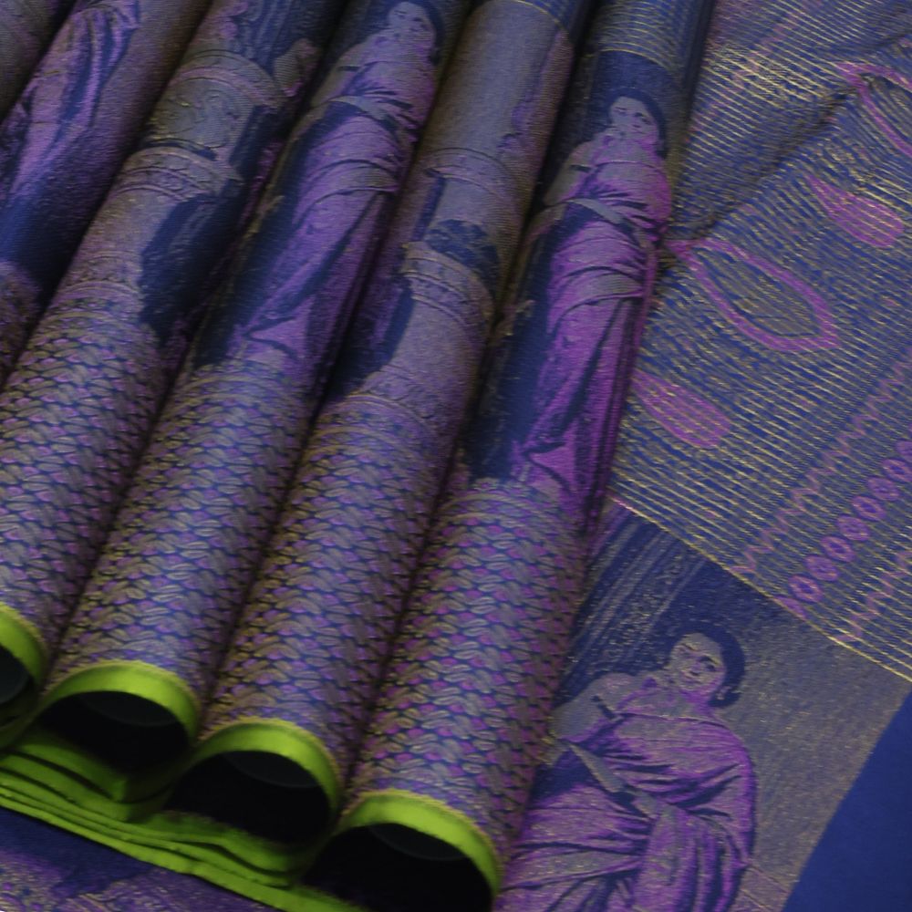 Royal Blue gold zari kattam checked round butta self thamayanthi stading posture art effect painting signature silk saree
