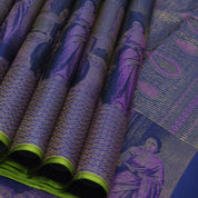 Royal Blue gold zari kattam checked round butta self thamayanthi stading posture art effect painting signature silk saree