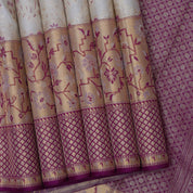 Milk Cream gold zari meena work floral design contrast magenta pink gold zari pythonic border grand bridal silk saree