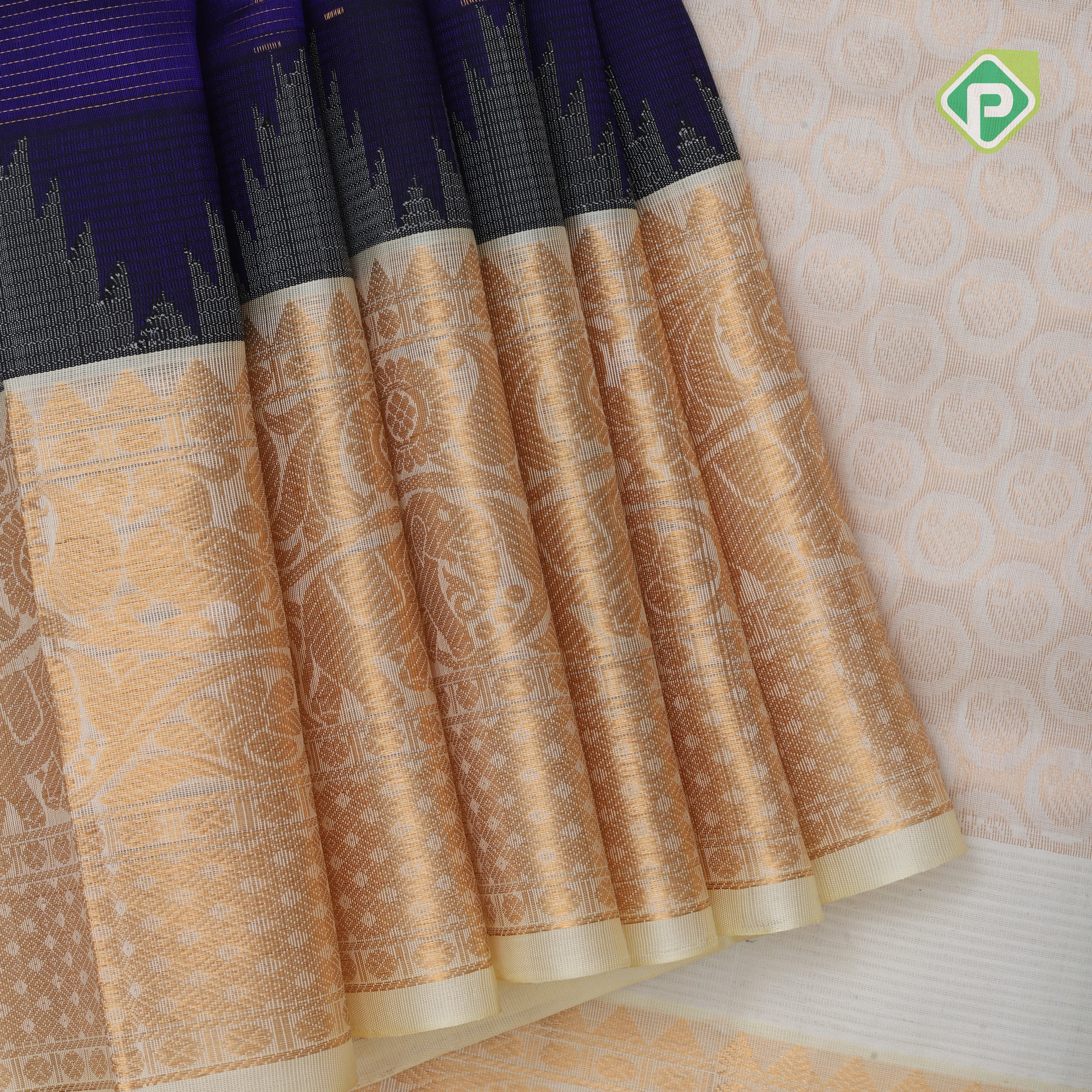 Robin blue gold zari lines thilagam buttas design cream white gold zari border silk cotton saree