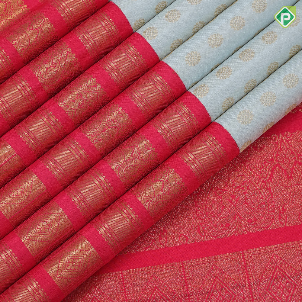 Mint green gold zari rudraksham coin butta design tomato red gold zari multi designed lines border vintage silk saree