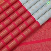 Mint green gold zari rudraksham coin butta design tomato red gold zari multi designed lines border vintage silk saree