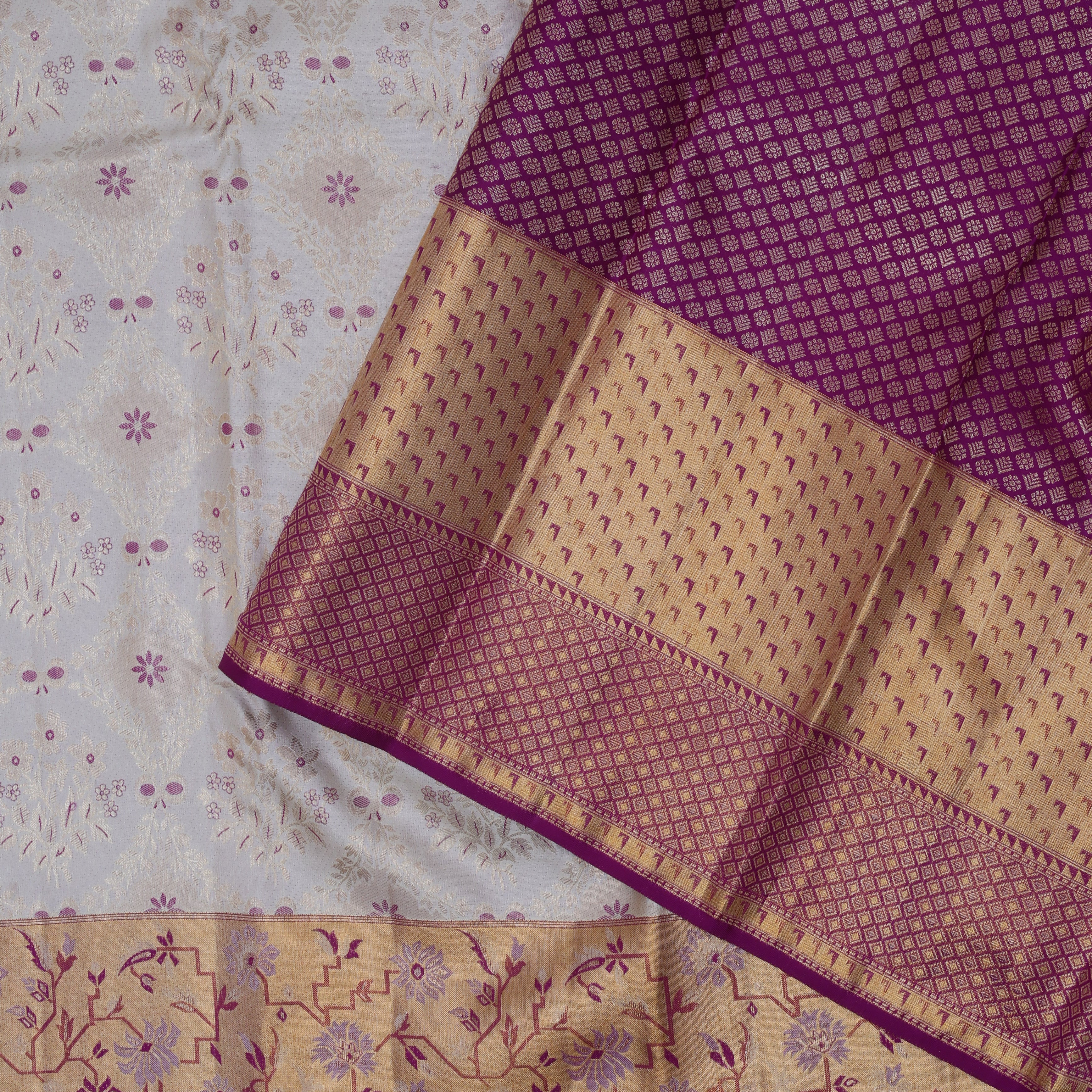 Milk Cream gold zari meena work floral design contrast magenta pink gold zari pythonic border grand bridal silk saree