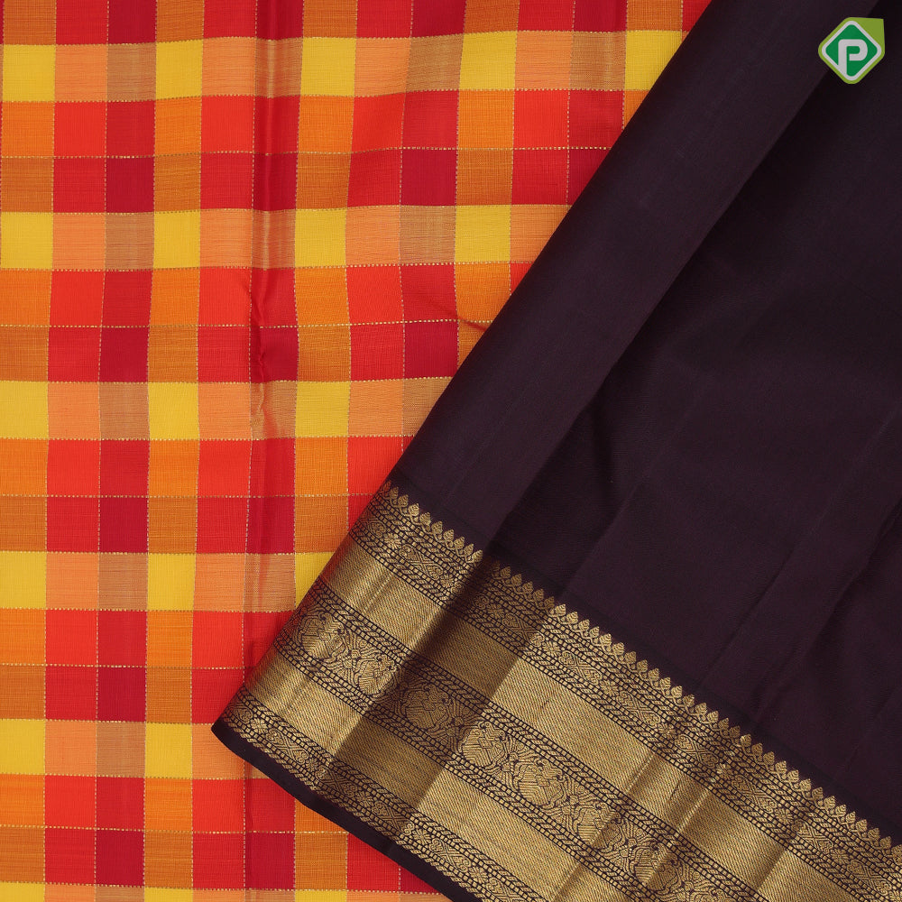 Multi color gold zari migrated paalum pazhamum kattam design brown gold zari multi design lines border traditional silk saree