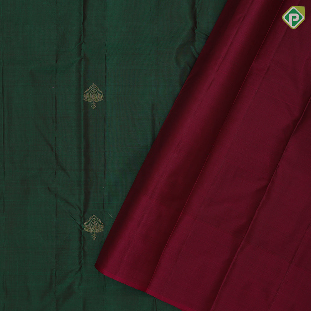 Emarald green gold zari leaf butta motif purple gold zari peacock banaras style design border gift silk saree