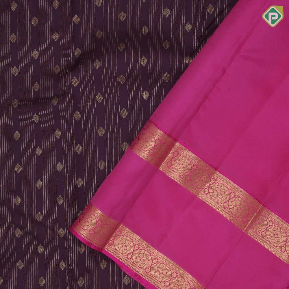 Grape brown gold zari stripes and flower butta purple gold zari retta pattai border pure mix silk saree