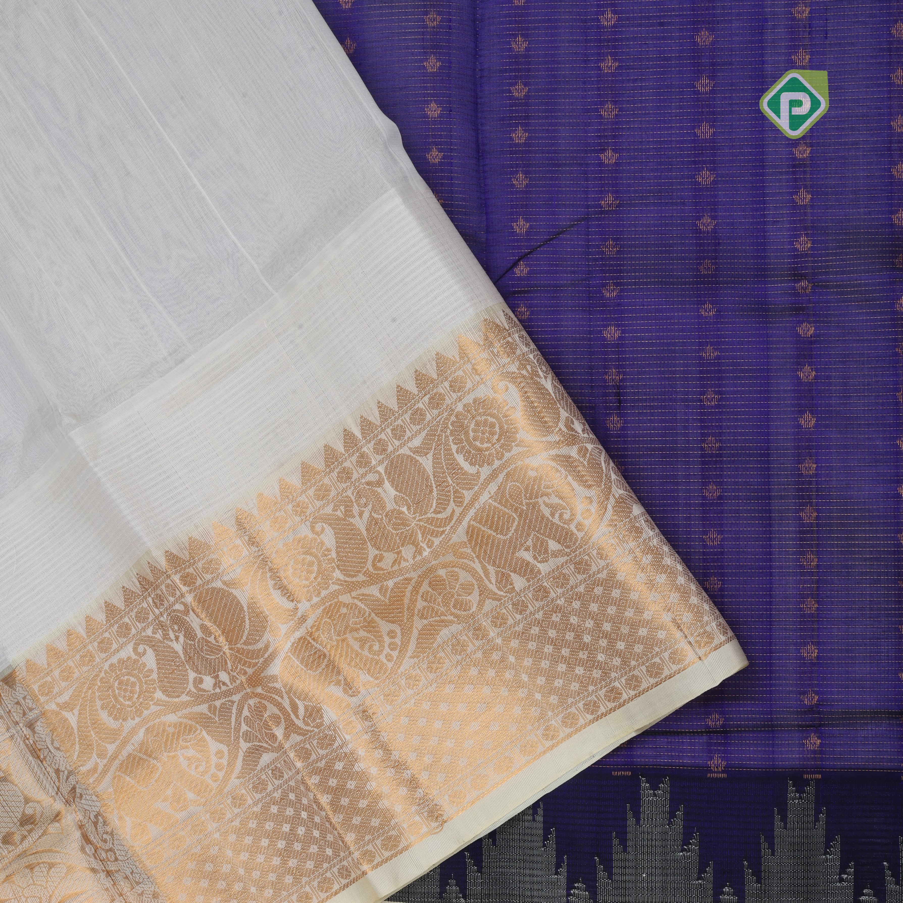 Robin blue gold zari lines thilagam buttas design cream white gold zari border silk cotton saree