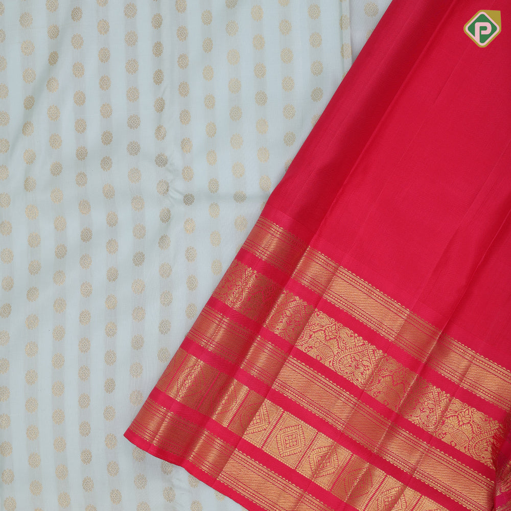 Mint green gold zari rudraksham coin butta design tomato red gold zari multi designed lines border vintage silk saree
