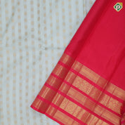 Mint green gold zari rudraksham coin butta design tomato red gold zari multi designed lines border vintage silk saree