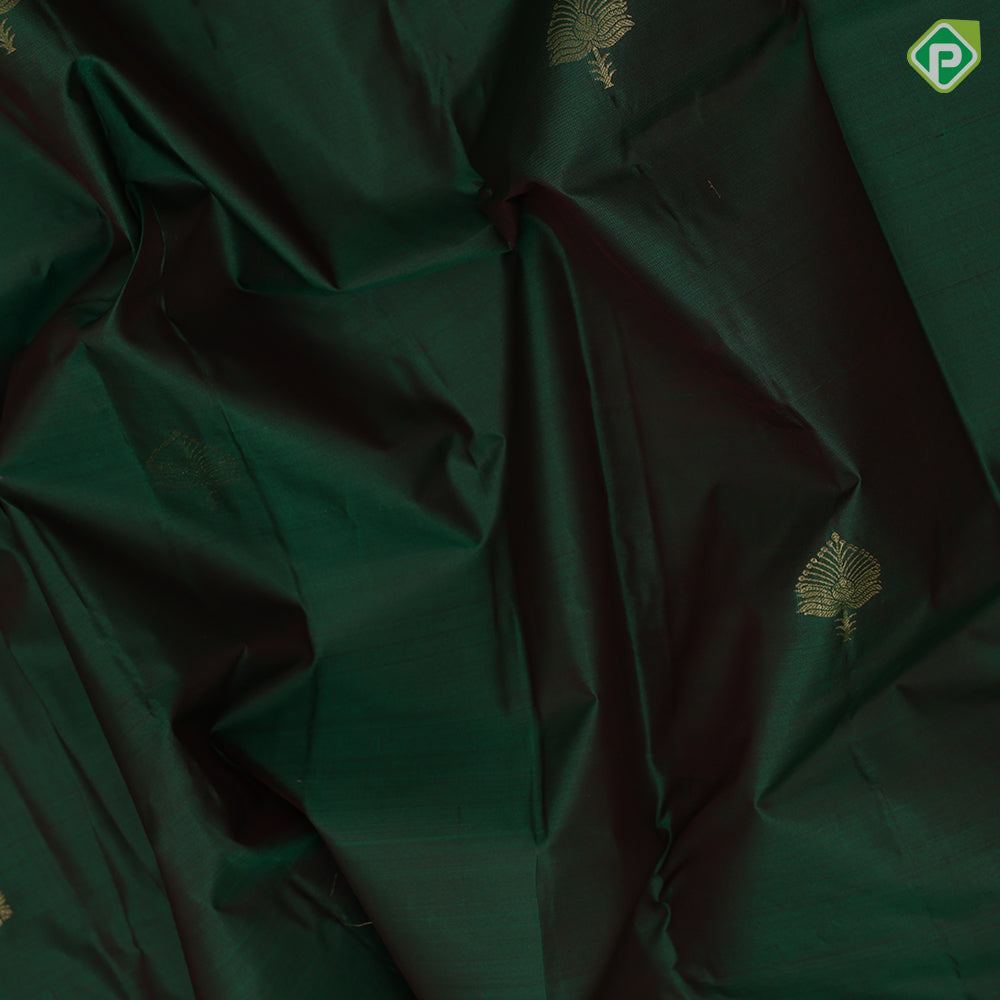 Emarald green gold zari leaf butta motif purple gold zari peacock banaras style design border gift silk saree