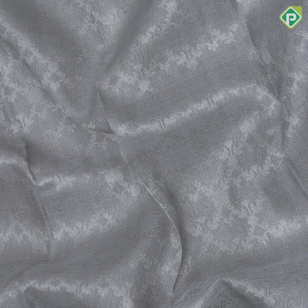 Ash grey zari grand creeper design self silver zari multi design lines border kanchi kora silk saree