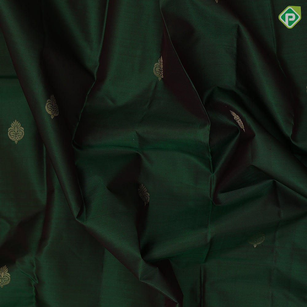 Emarald green gold zari fancy butta motifs contrast red gold zari banaras style border gift silk saree