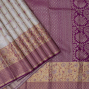 Milk Cream gold zari meena work floral design contrast magenta pink gold zari pythonic border grand bridal silk saree