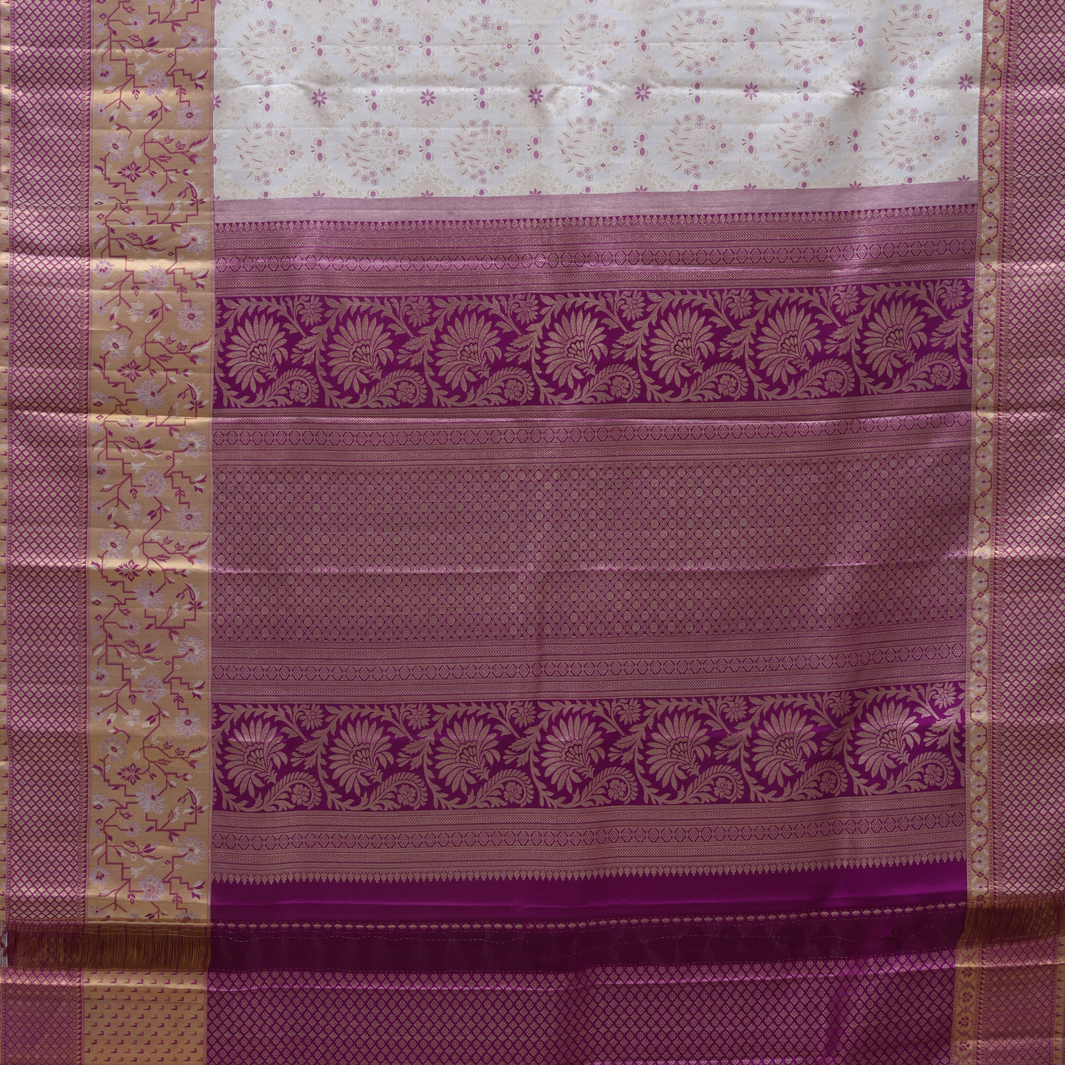 Milk Cream gold zari meena work floral design contrast magenta pink gold zari pythonic border grand bridal silk saree