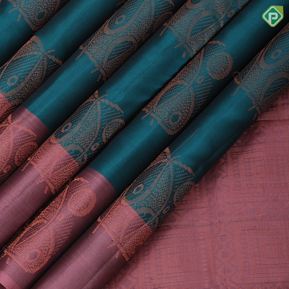 Peacock green copper zari fancy butta Dark onion pink copper zari fancy border pure mix silk saree