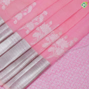 light pink silver zari rose flower bunch design peach pink silver zari crosslines border organza silk saree