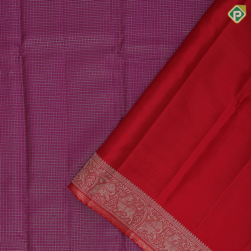 Purple with silver gold zari vairaoosi micro checks self silver gold zari banaras style border fusion silk saree