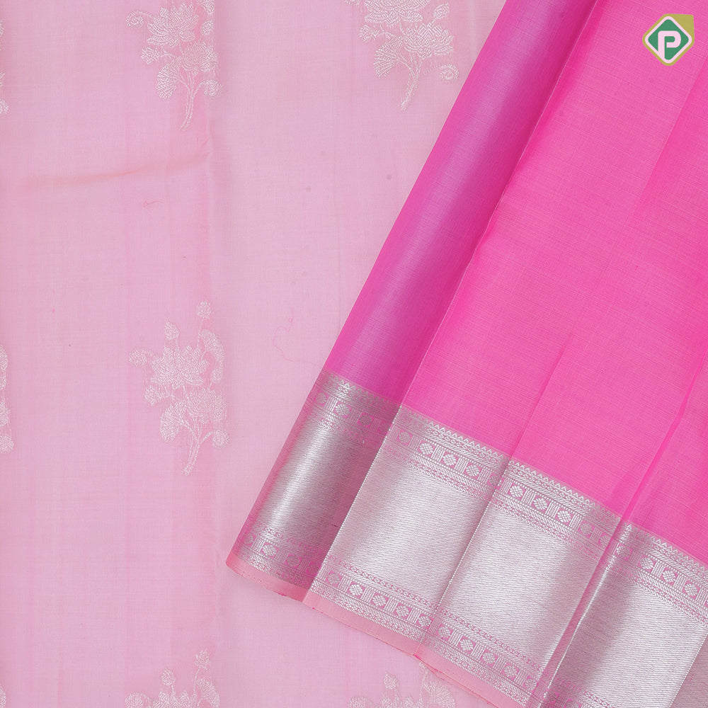 light pink silver zari rose flower bunch design peach pink silver zari crosslines border organza silk saree