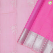 light pink silver zari rose flower bunch design peach pink silver zari crosslines border organza silk saree
