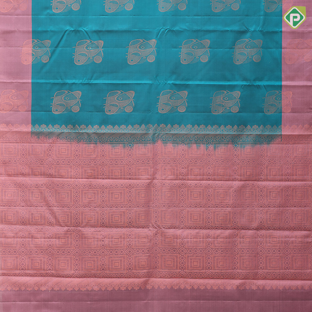 Peacock green copper zari fancy butta Dark onion pink copper zari fancy border pure mix silk saree