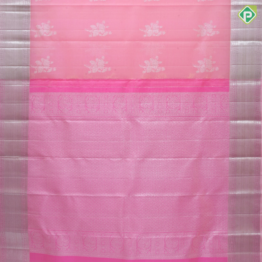 light pink silver zari rose flower bunch design peach pink silver zari crosslines border organza silk saree