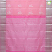 light pink silver zari rose flower bunch design peach pink silver zari crosslines border organza silk saree