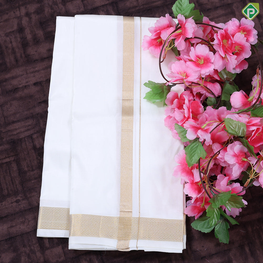 Cream White  silver Gold Zari Border 8 Muzham Pure Mix Special Silk Dhoti