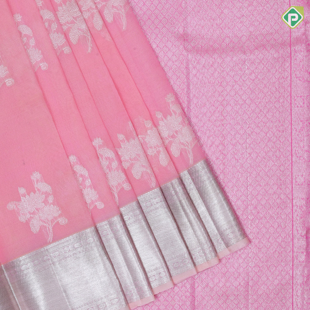 light pink silver zari rose flower bunch design peach pink silver zari crosslines border organza silk saree