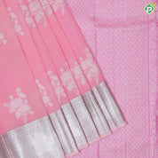 light pink silver zari rose flower bunch design peach pink silver zari crosslines border organza silk saree