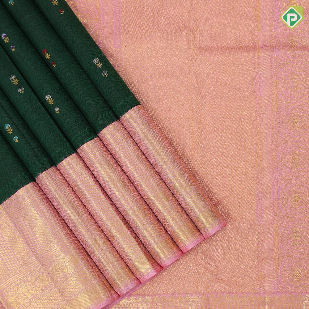 Dark green silver gold zari thread work small flower butta baby pink gold zari high border vintage silk saree