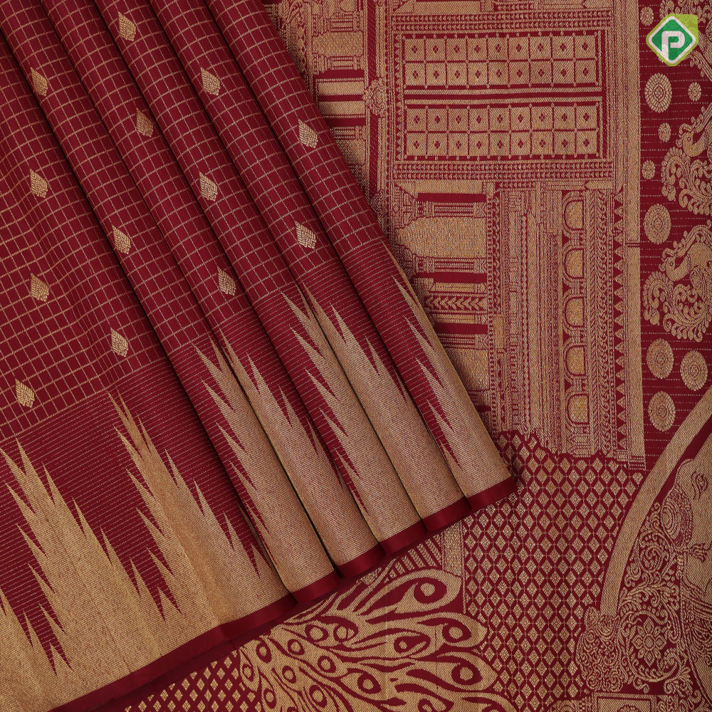 Maroon red gold zari kattam fancy thilagam butta self thazampoo design border temple gopuram pallu vintage silk saree