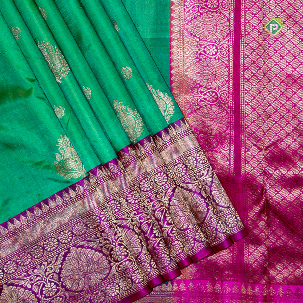 Rexona Green Rudraksham Floral Butta motif Border Pure Banarasi Silk Saree