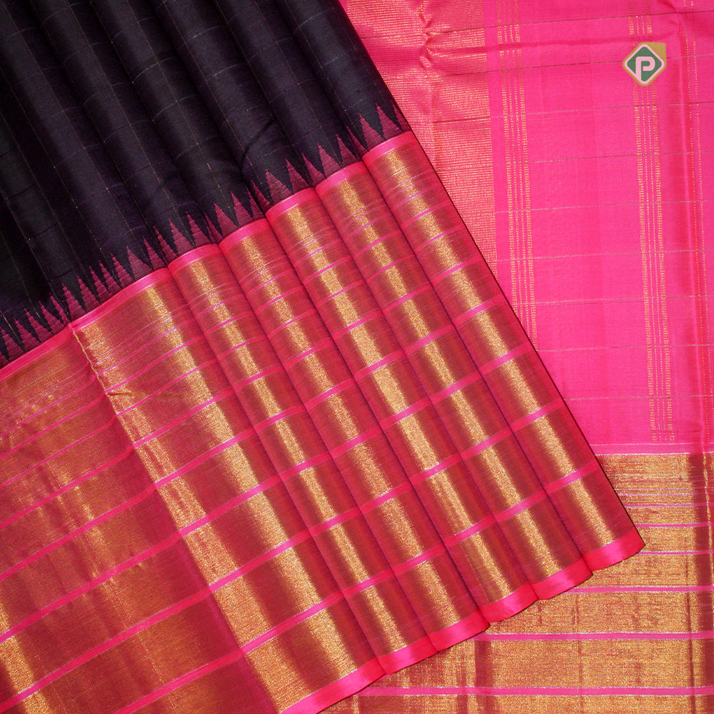 Violet Gold Zari Lines Temple Border Traditional Silk Saree