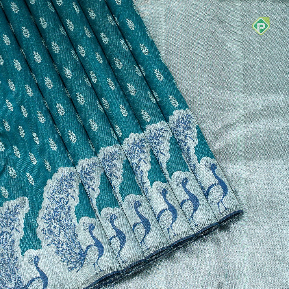 Peacock Blue Silver Zari Fancy Turning Peacock Border Trendy Designer Silk Saree
