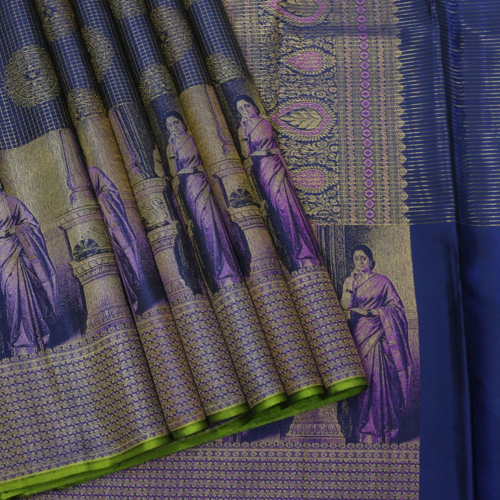 Royal Blue gold zari kattam checked round butta self thamayanthi stading posture art effect painting signature silk saree