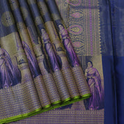 Royal Blue gold zari kattam checked round butta self thamayanthi stading posture art effect painting signature silk saree