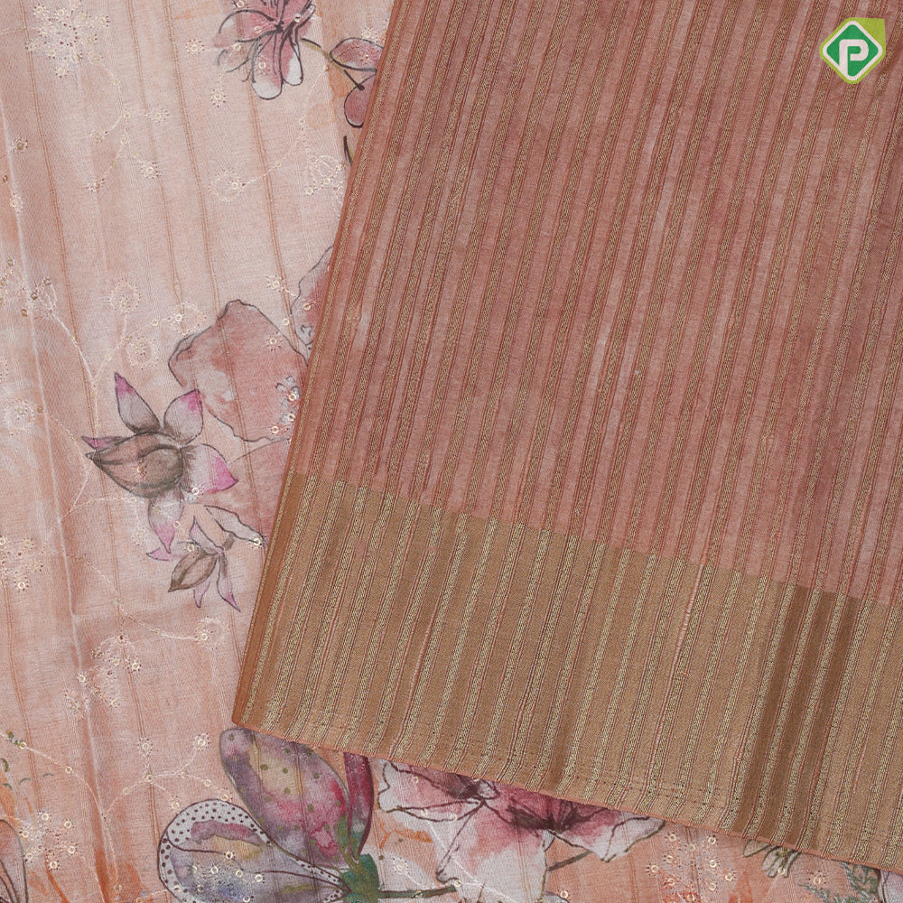 peach flower print and embroidered design gold zari plain border fancy cotton saree