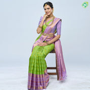 Parrot green Silver zari checks mid gold zari butta motifs lavender gold zari meena work lines border vintage silk saree