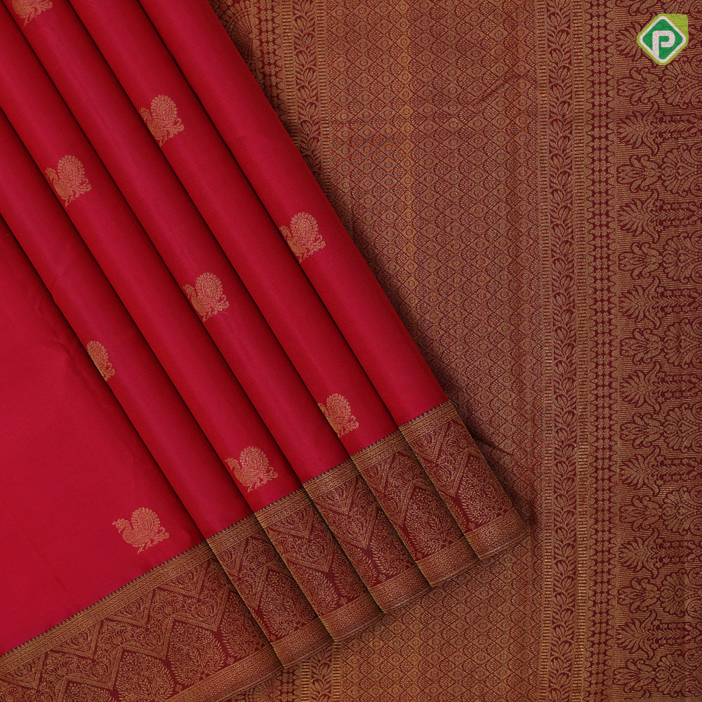 Magenta pink gold zari peacock butta motifs magenta copper gold zari zig zag border gift silk saree