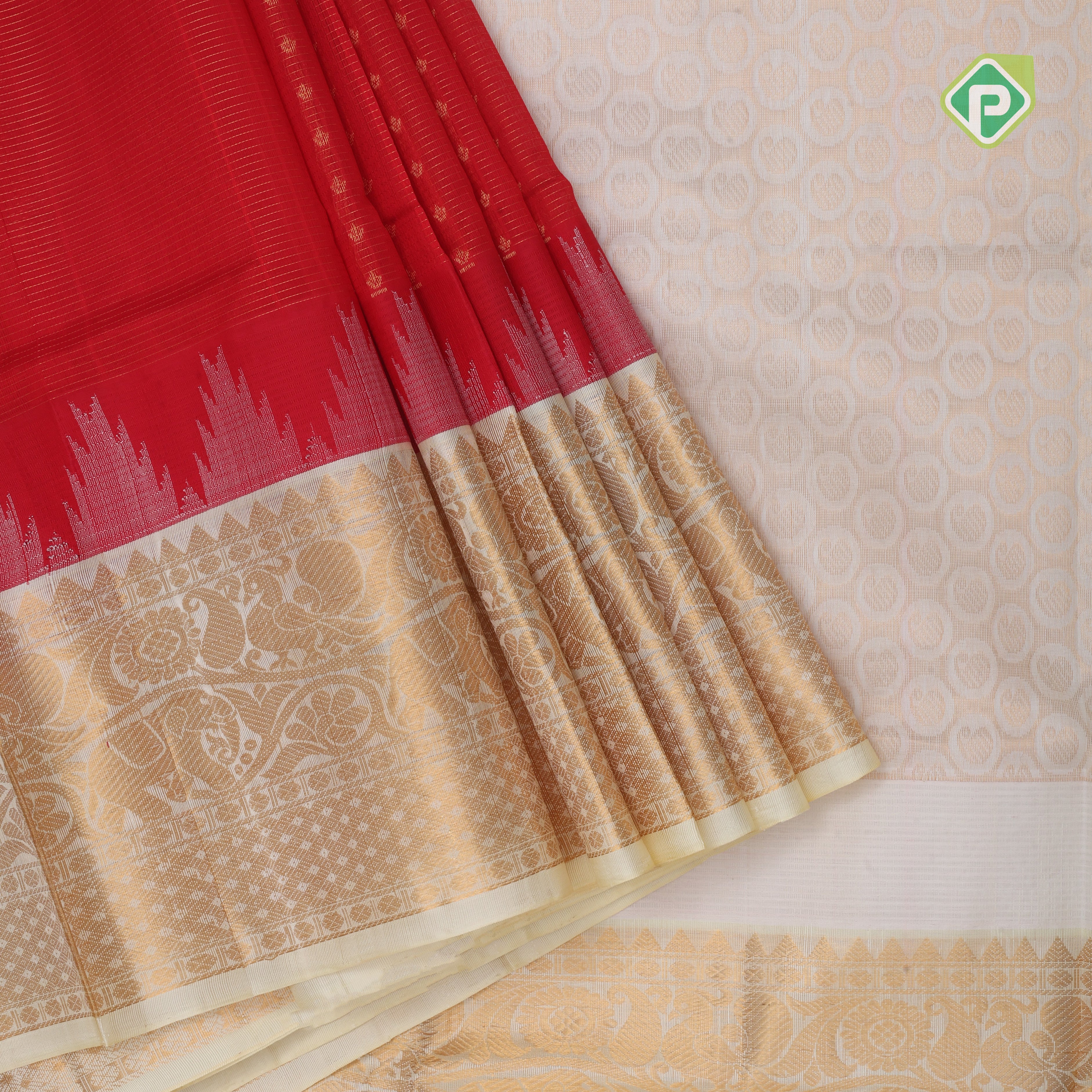 Chilly red with zari butta meena work sandal gold zari border kuppadam silk cotton saree