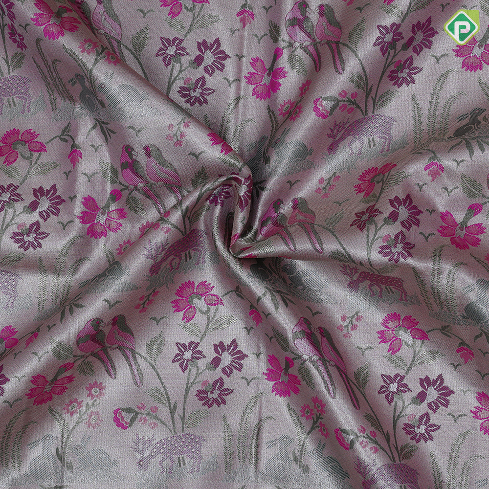 Pewter pink base multi color wild effect design dark green gold zari floral birds design border tissue art silk saree