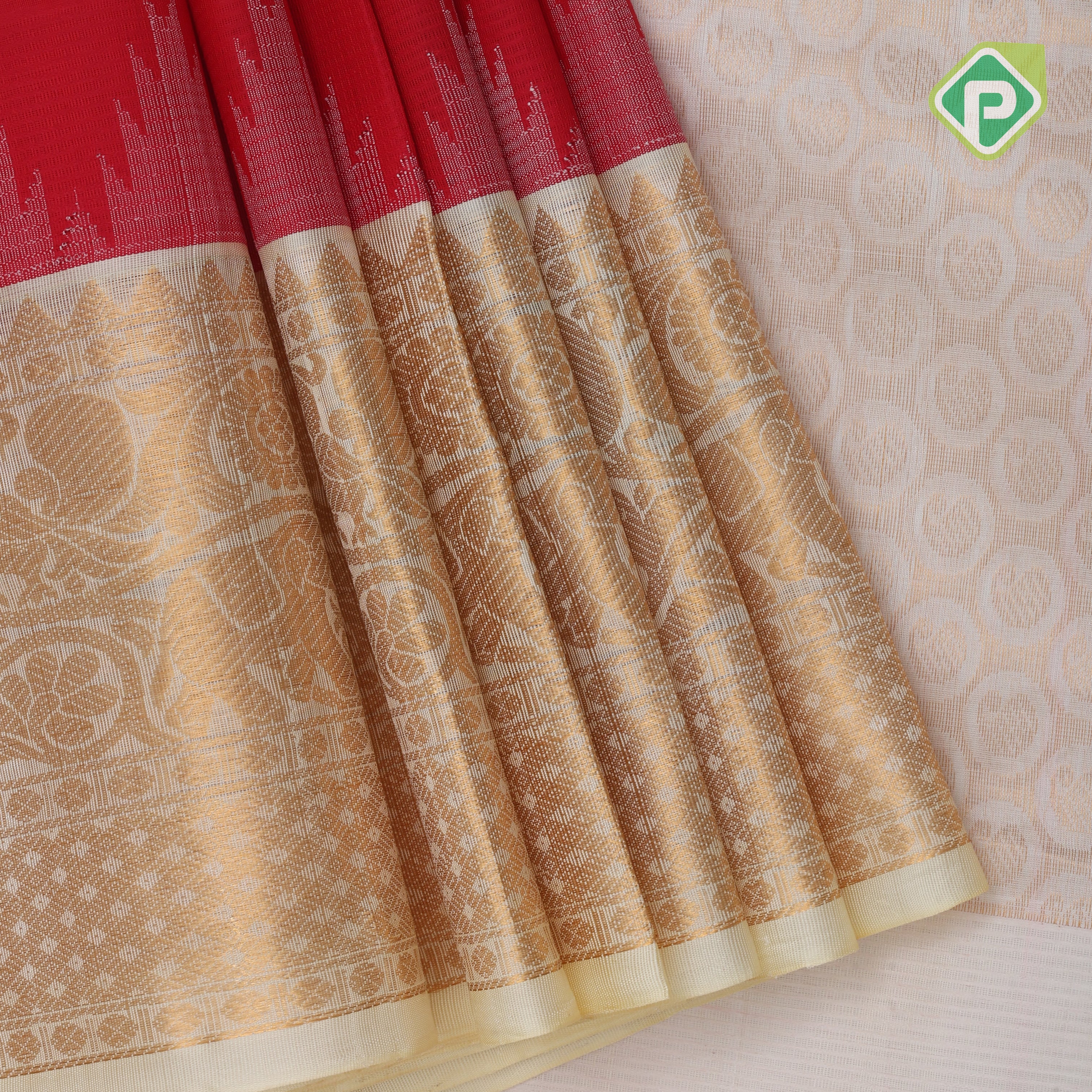 Chilly red with zari butta meena work sandal gold zari border kuppadam silk cotton saree