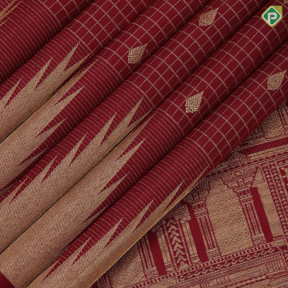 Maroon red gold zari kattam fancy thilagam butta self thazampoo design border temple gopuram pallu vintage silk saree