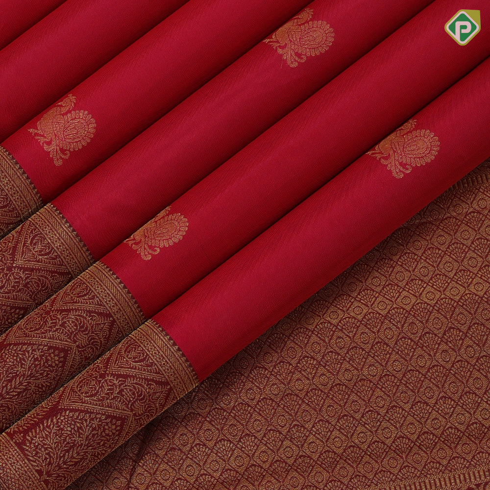 Magenta pink gold zari peacock butta motifs magenta copper gold zari zig zag border gift silk saree