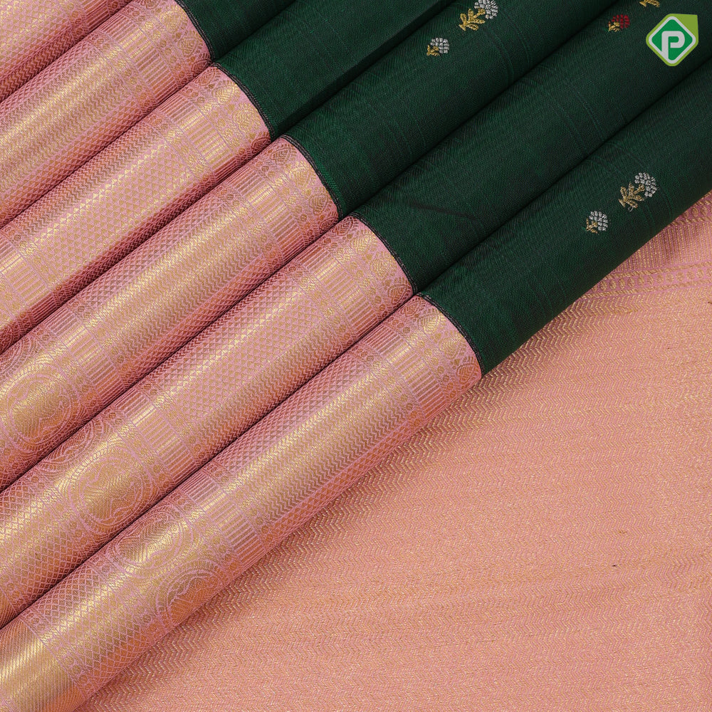 Dark green silver gold zari thread work small flower butta baby pink gold zari high border vintage silk saree