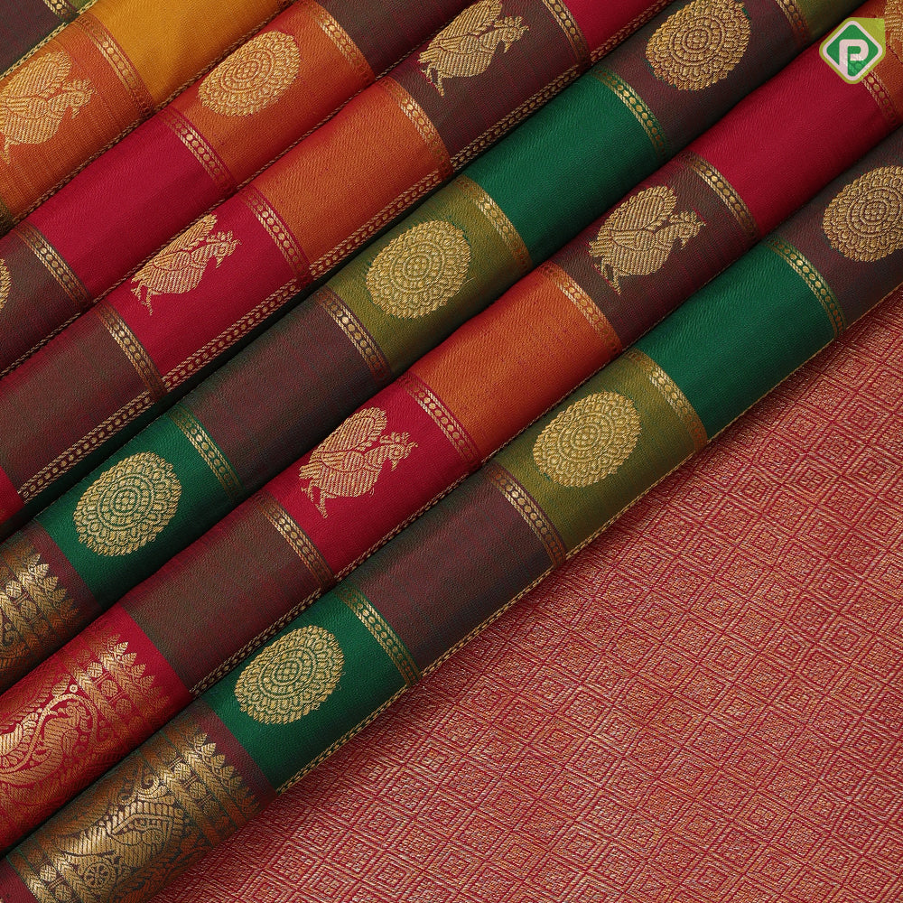 Multi color gold zari paalum pazhamum checks design maroon gold zari peacock border traditional silk saree