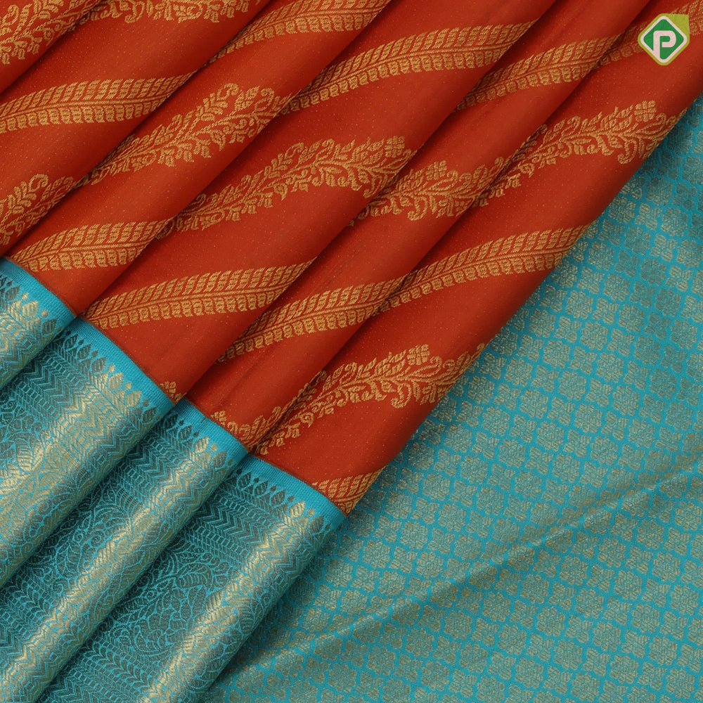 Honey Orange gold zari grand necklace design rama green gold zari floral high border bridal silk saree